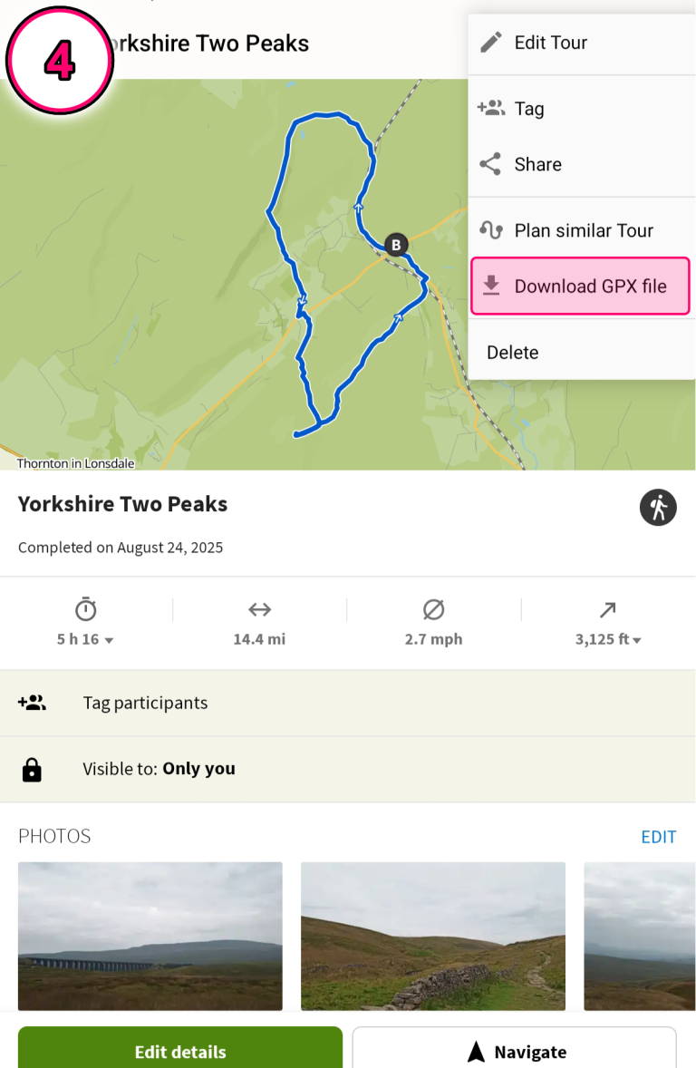 Kamoot GPX Export Step 4. Select Download GPX File from the menu. Kamoot Export GPX file Step 4