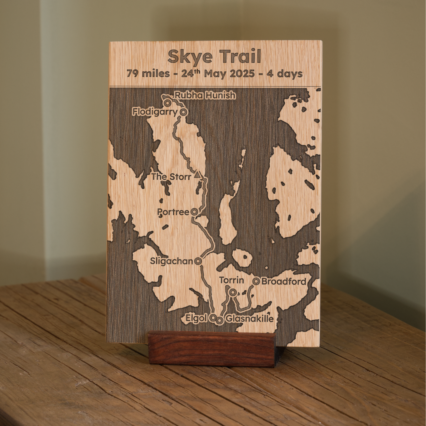 Wooden plaque depicting the Skye Trail map, showing route details and date.